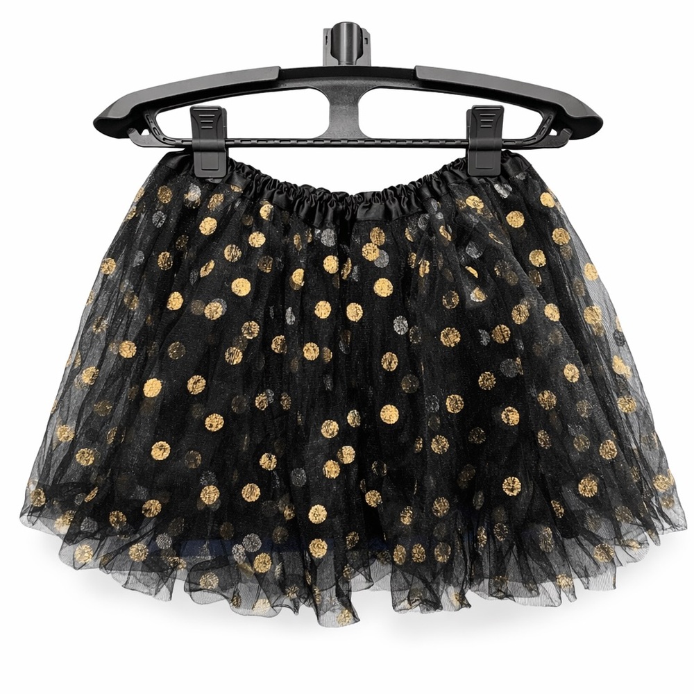 Girls Black Tulle Tutu Skirt Gold Polka Dots Glam Party Dance Kidcore Pageant S